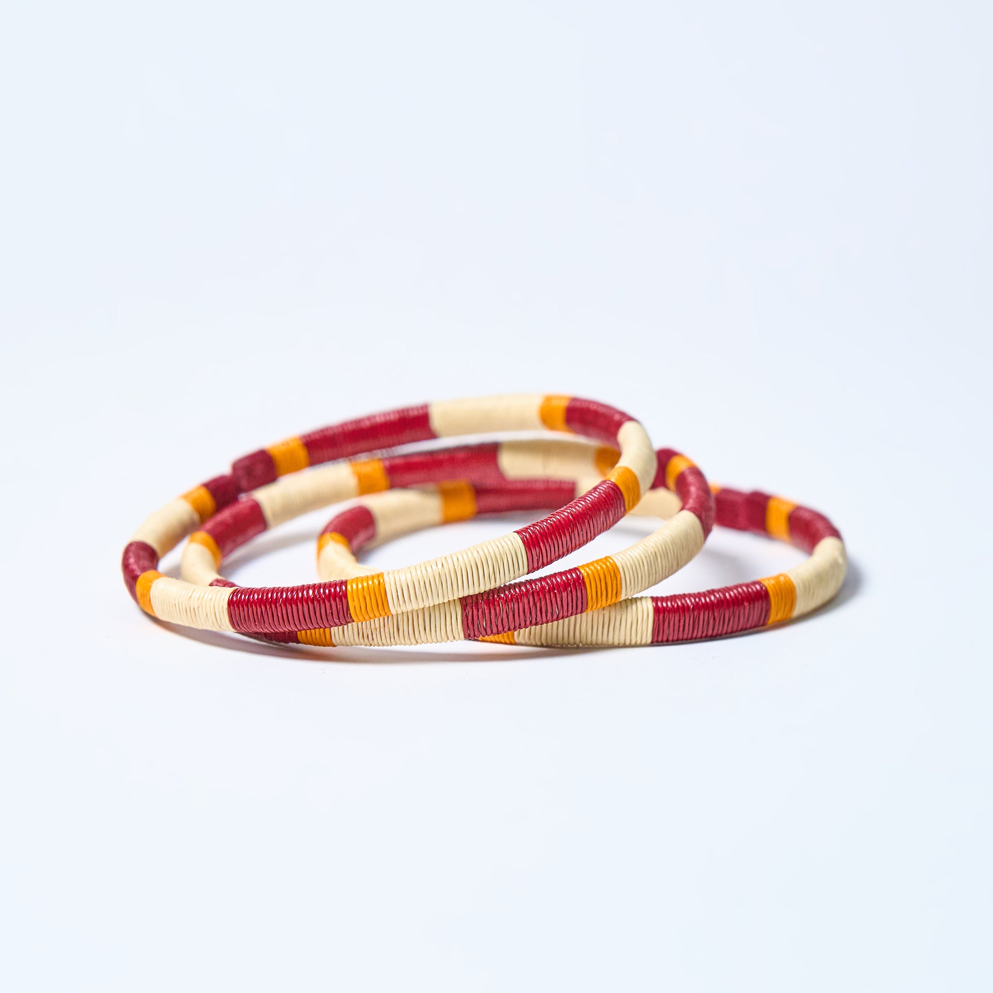 Set of  handmade striped bracelets in Wine-Cream-Mustard